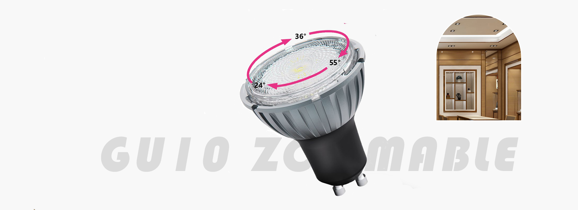 GU10 zoomable LED bulb with adjustable beam angles of 24°, 36°, and 55°, designed for flexible accent and display lighting applications.