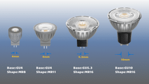 Silver comparison of MR8, MR11, MR16, GU10 pin base and shape by Teco