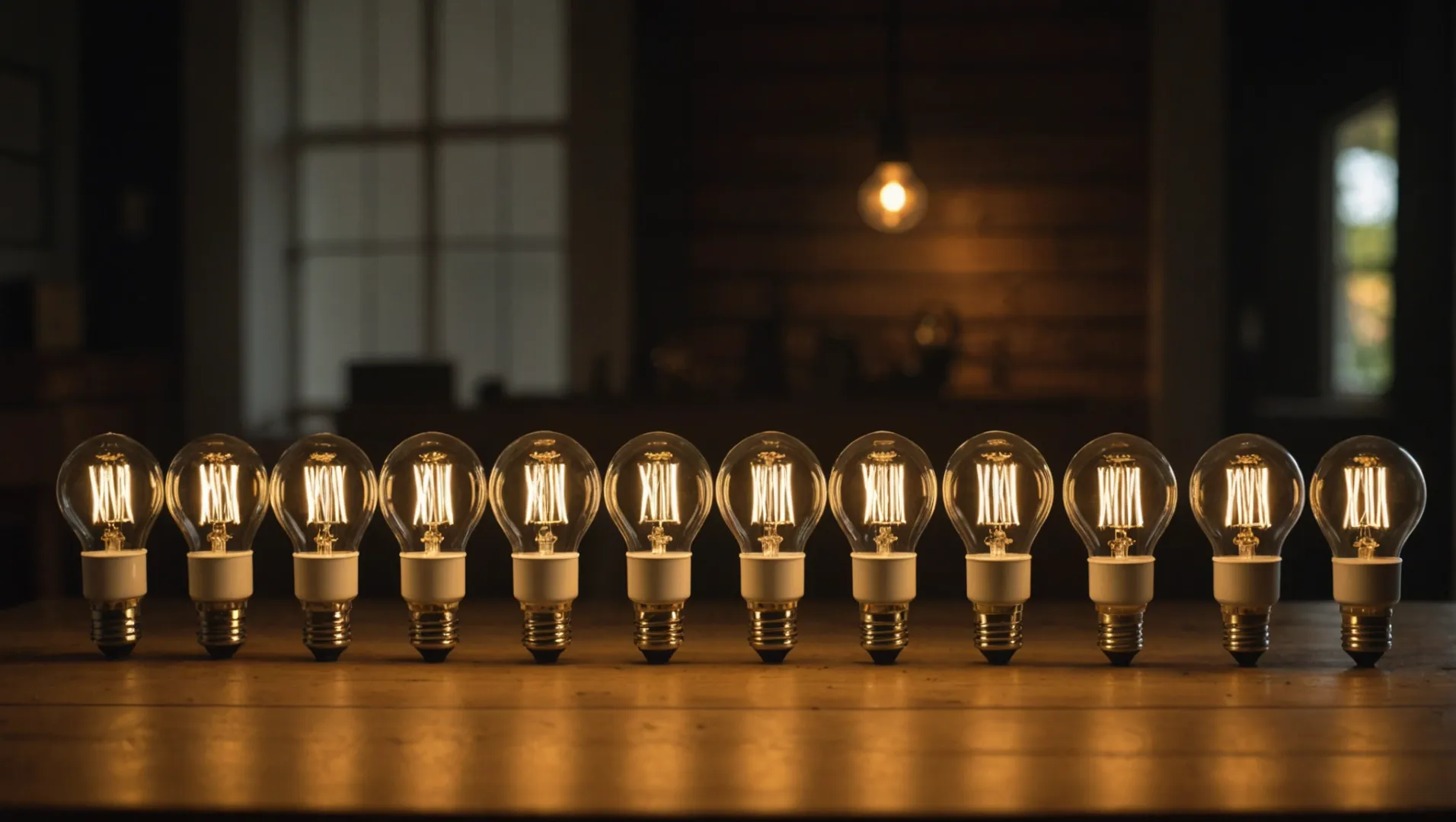 A selection of different GU10 LED bulbs on a wooden table, showing various shapes and sizes.