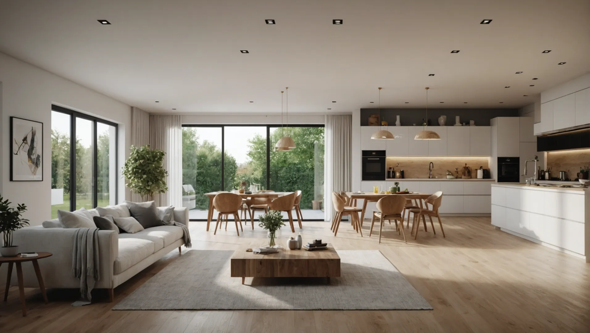 A modern living room with warm lighting and a kitchen with cooler lighting.