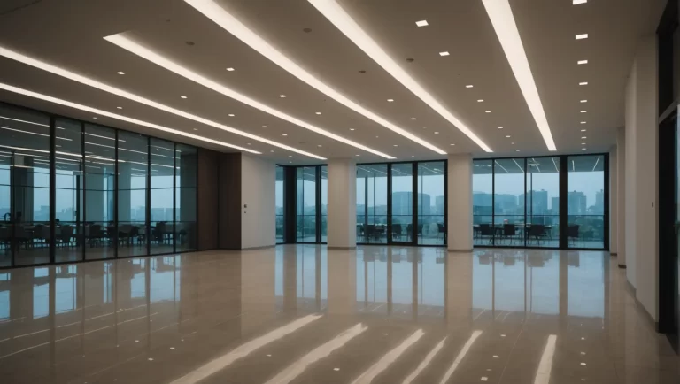 A commercial building's interior with various spotlight installations