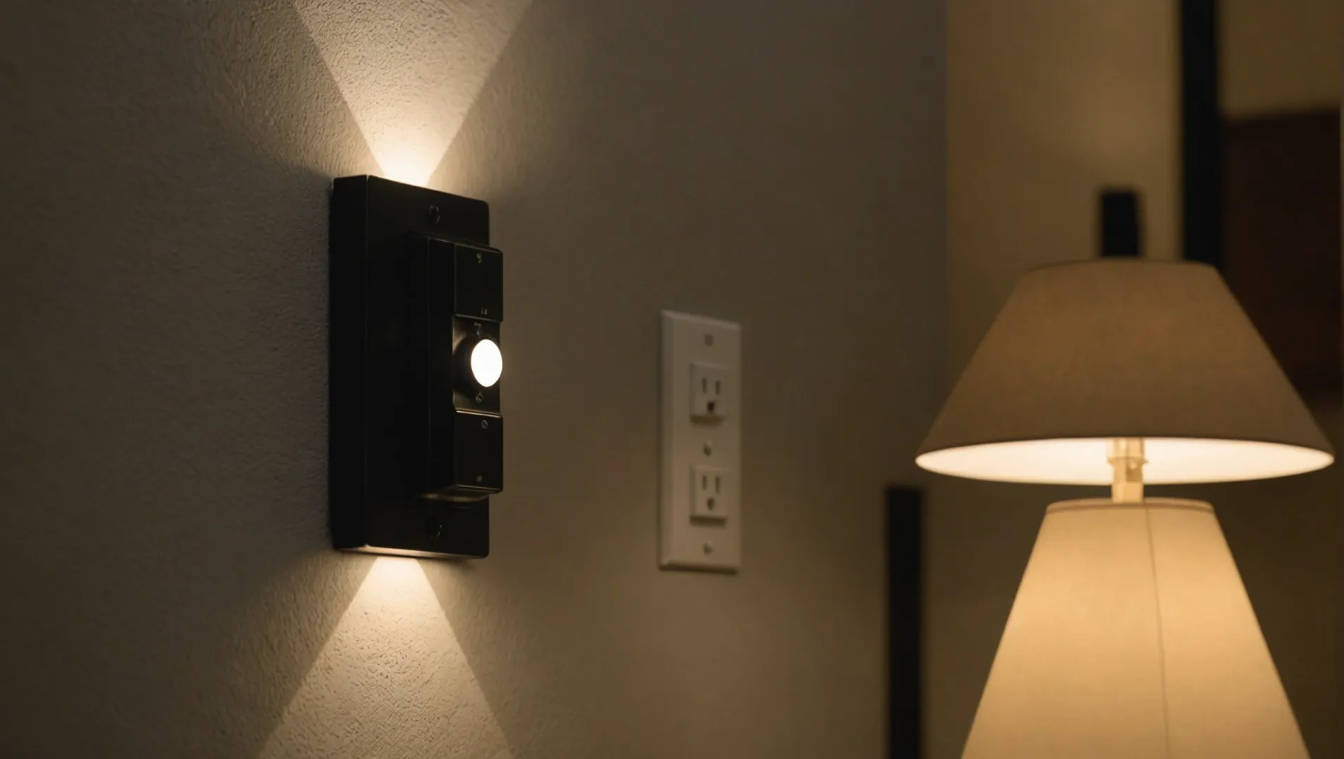 A dimmer switch with a glowing LED bulb in the background