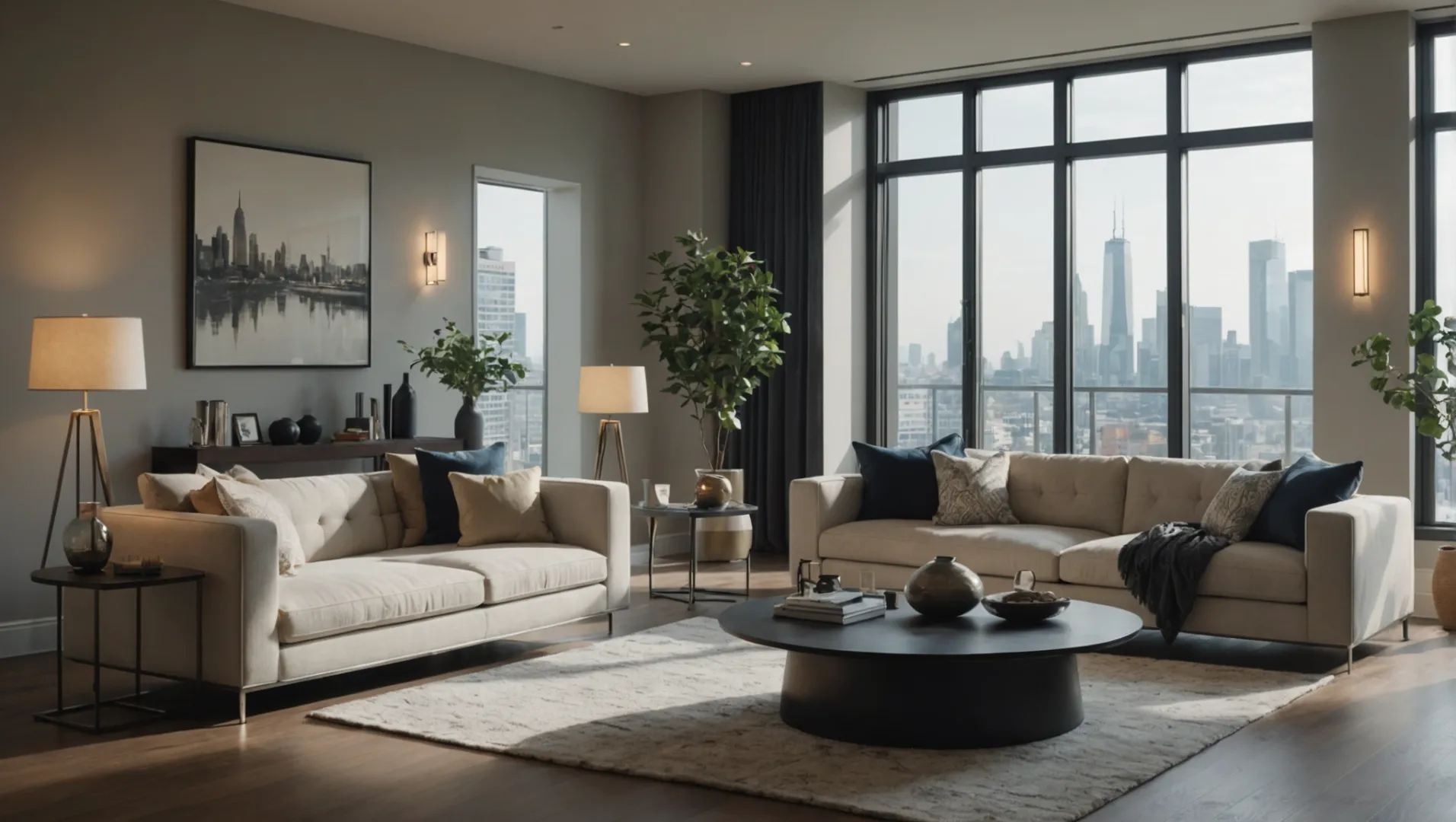 A cozy living room with dimmable LED lighting showing varying light intensities.