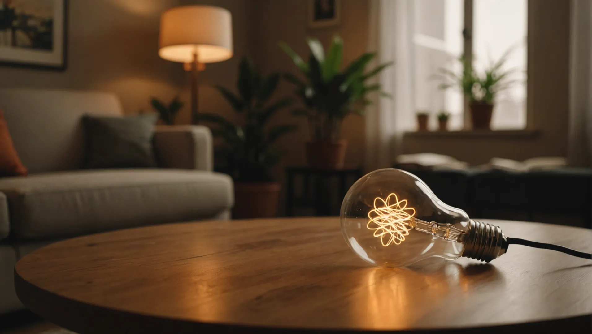 Close-up of a dimmable LED bulb, partially lit in a cozy room.