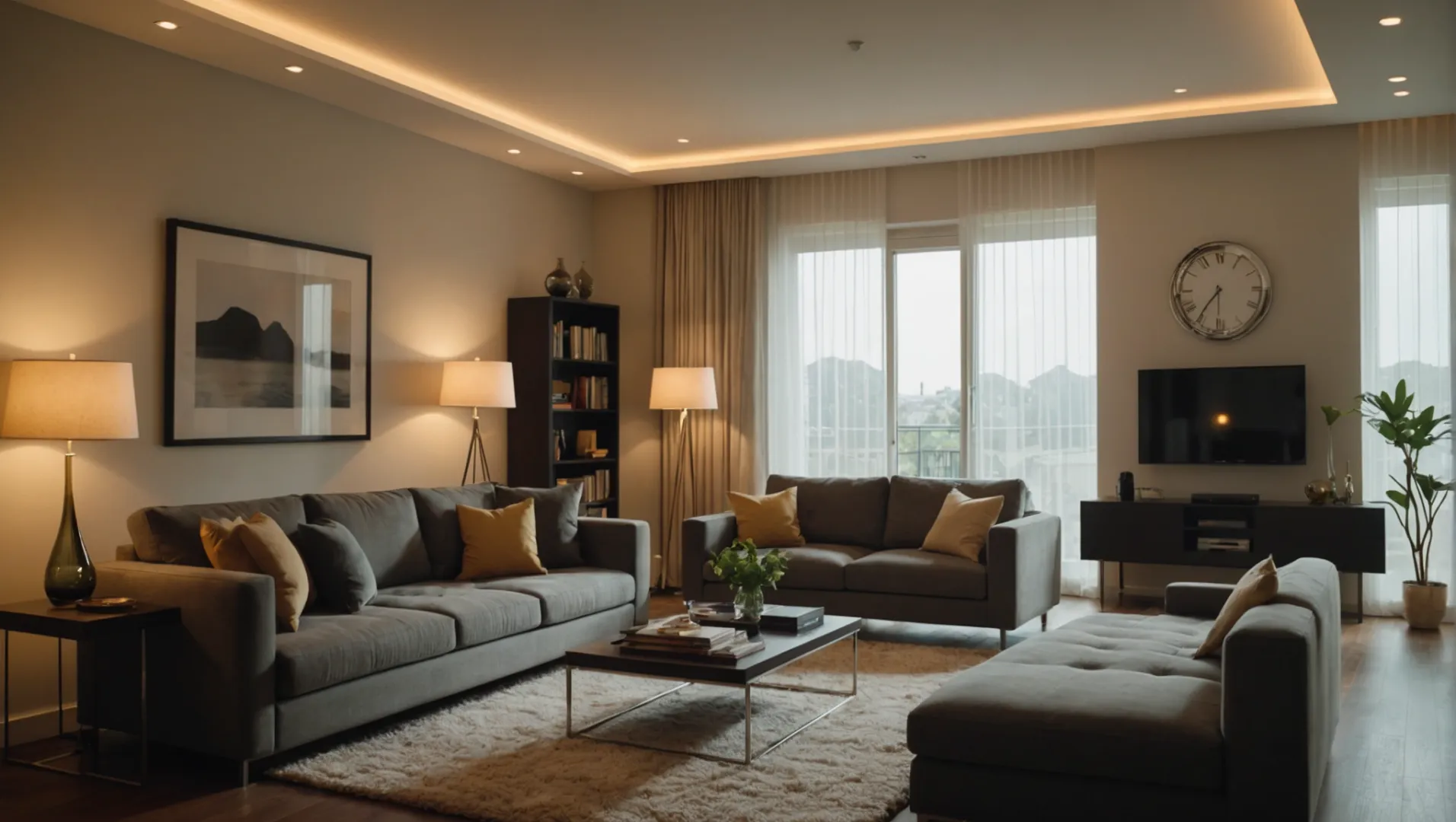 A cozy living room illuminated by dimmable LED lights, showcasing various brightness levels.