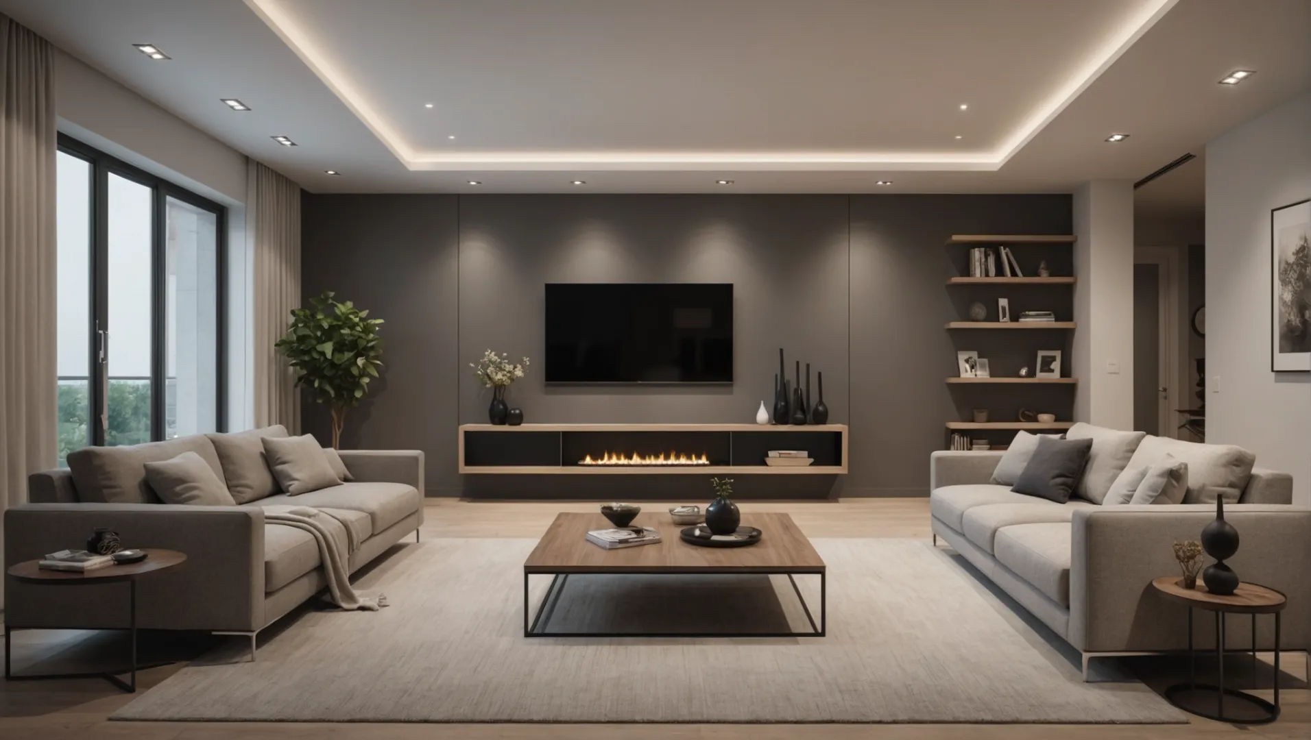 Modern living room with dimmable LED spotlights enhancing ambiance.