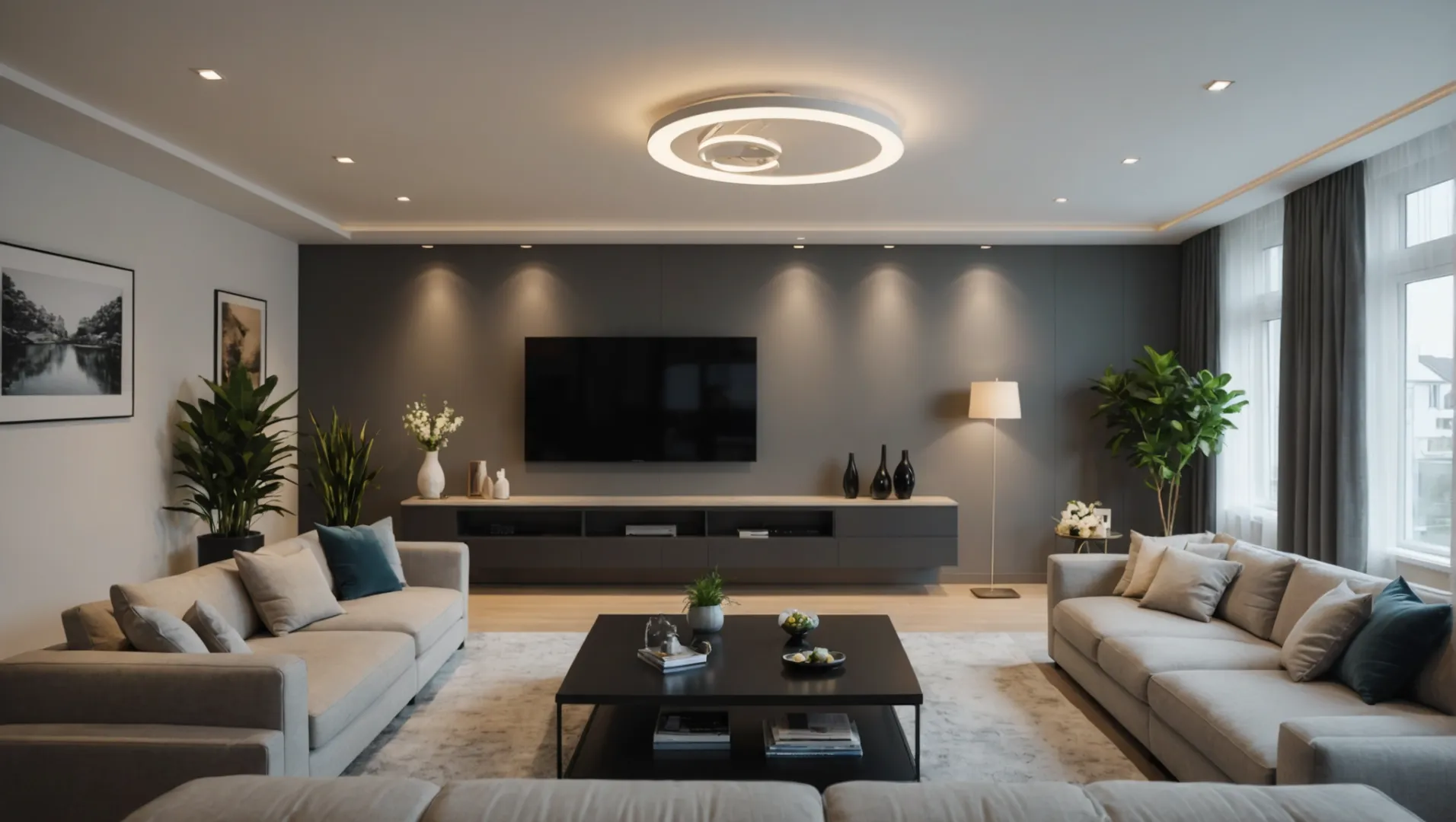 A modern living room with dimmable LED spotlights