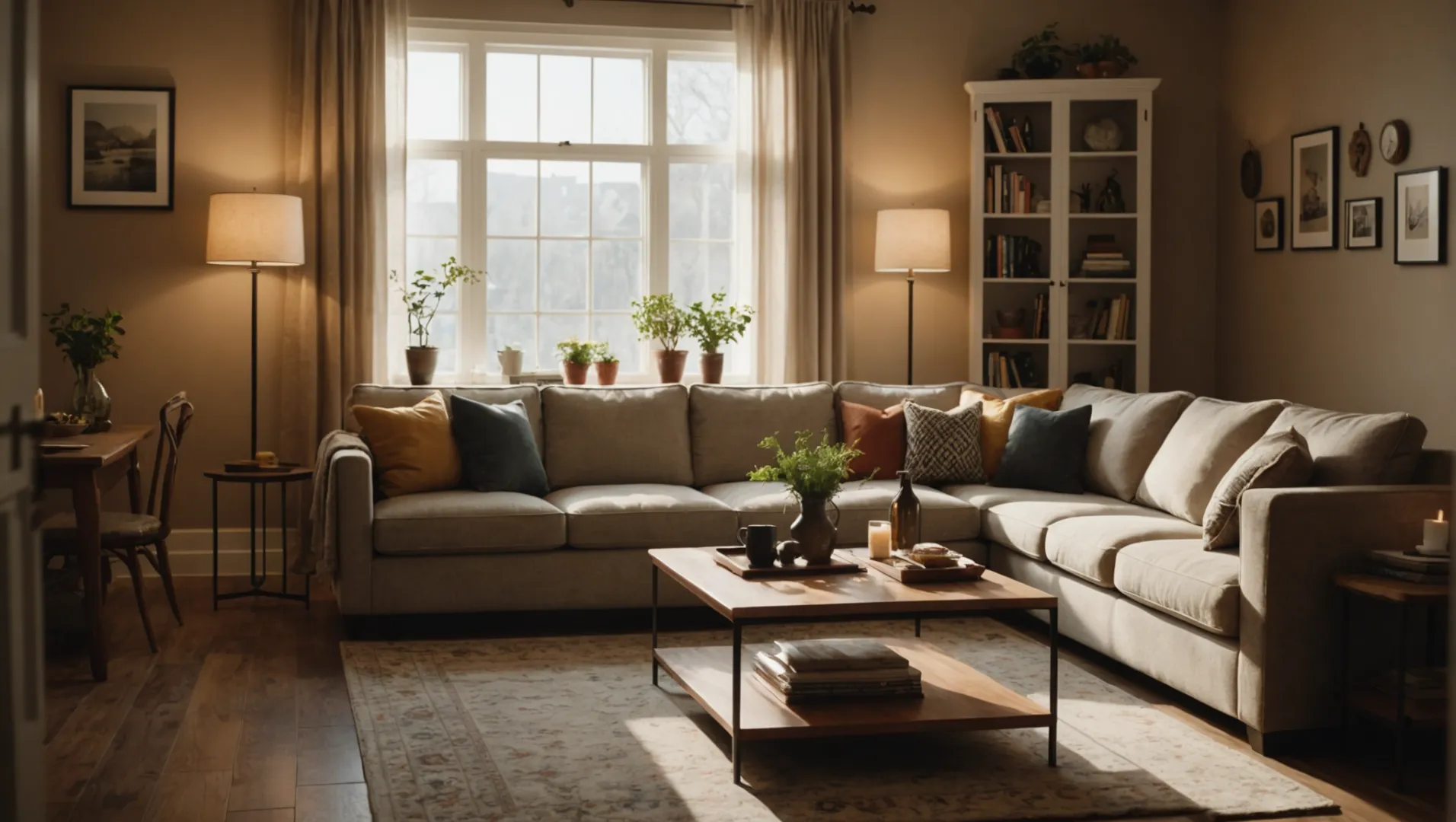 A living room with dimmable and non-dimmable lighting sections.