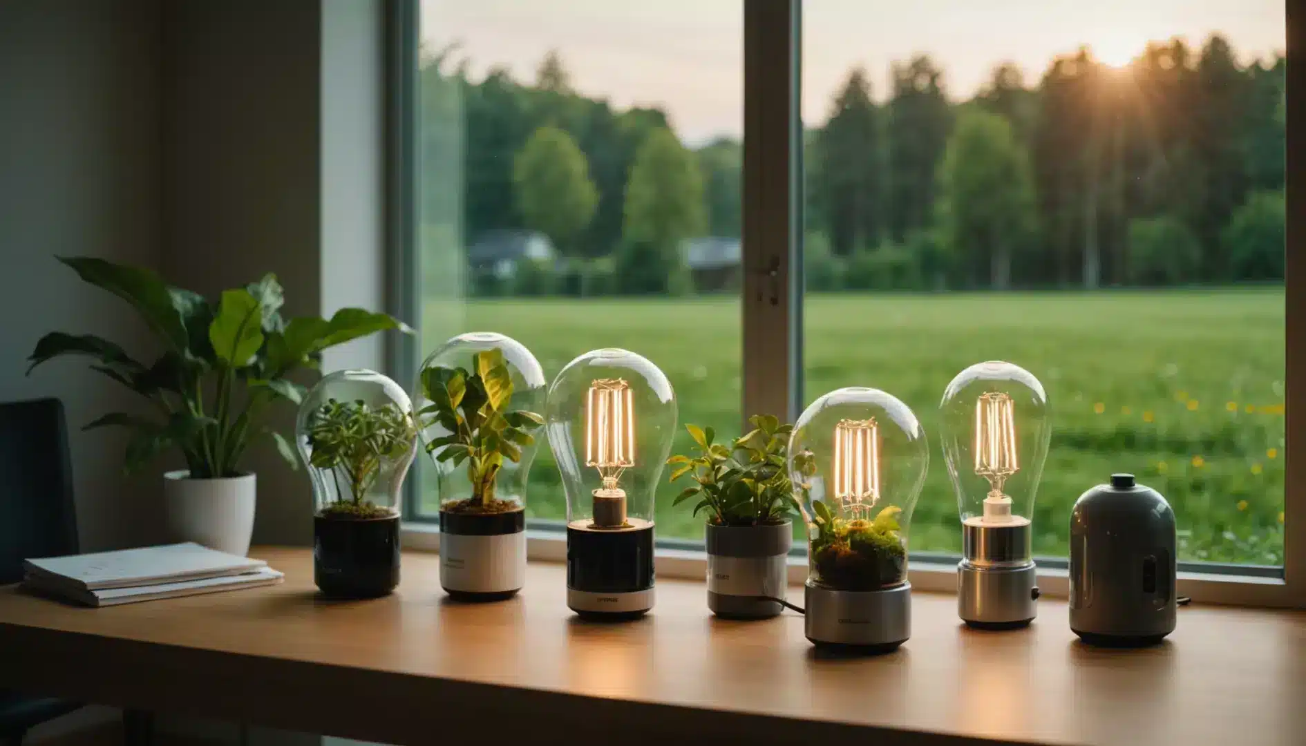 LED lamps on a modern table with green landscape background