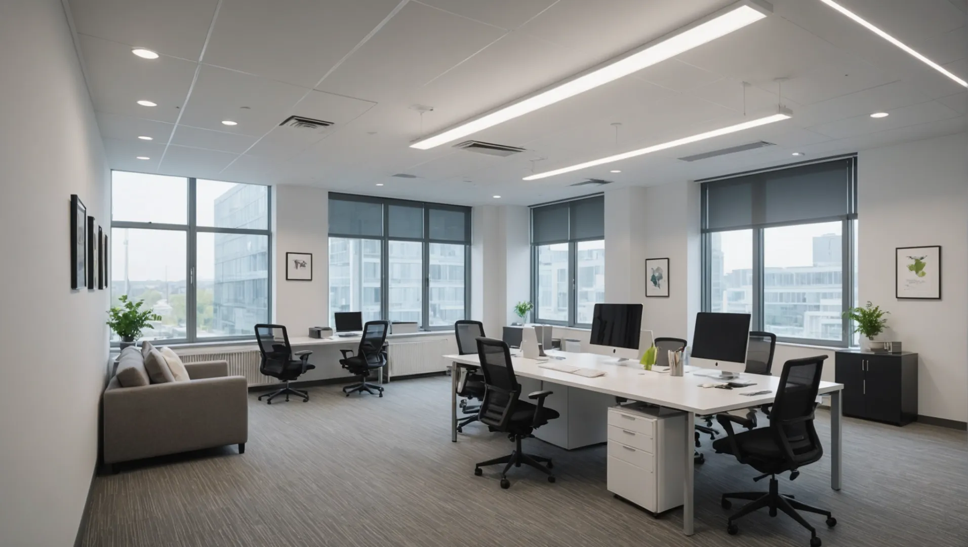 A close-up view of GU10 LED bulbs installed in a modern office space, demonstrating energy efficiency and cost savings.