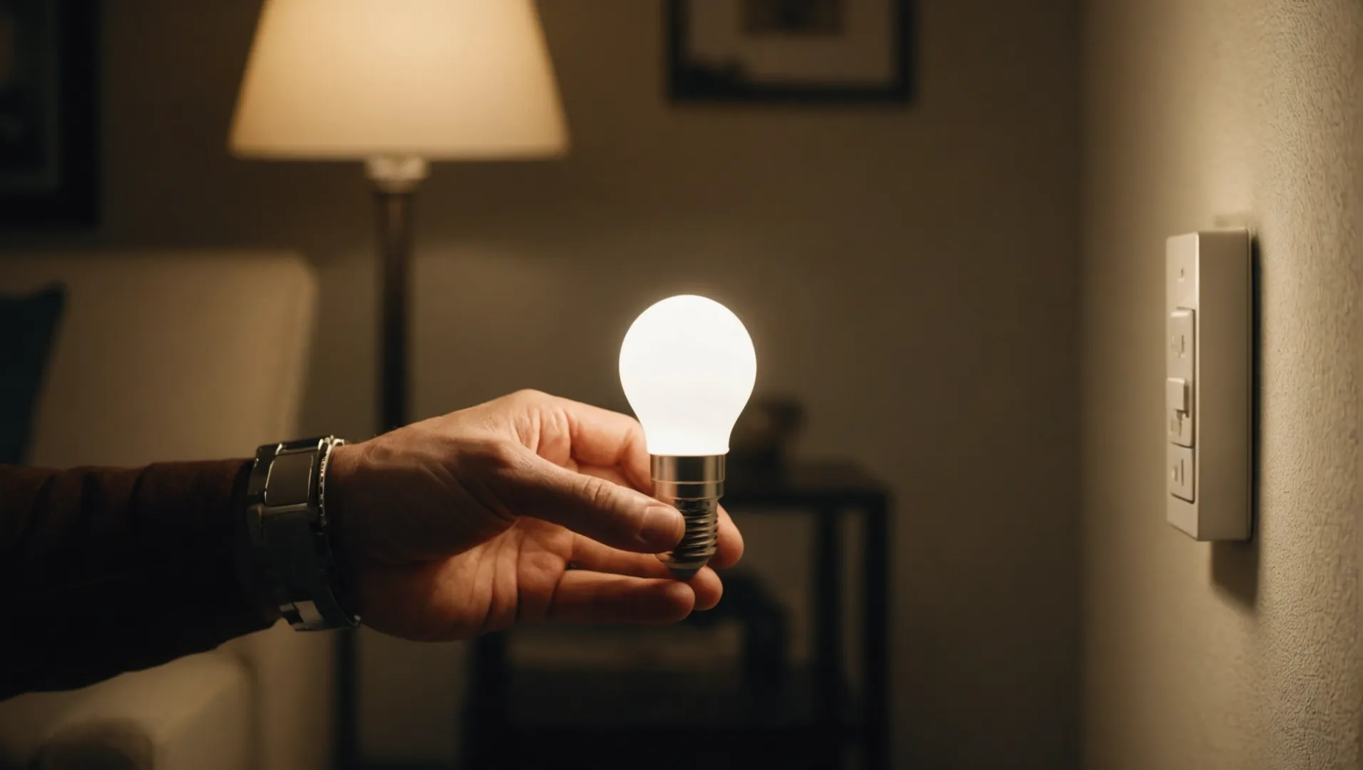 A hand holding a GU10 LED bulb next to a modern dimmer switch in a softly lit room.