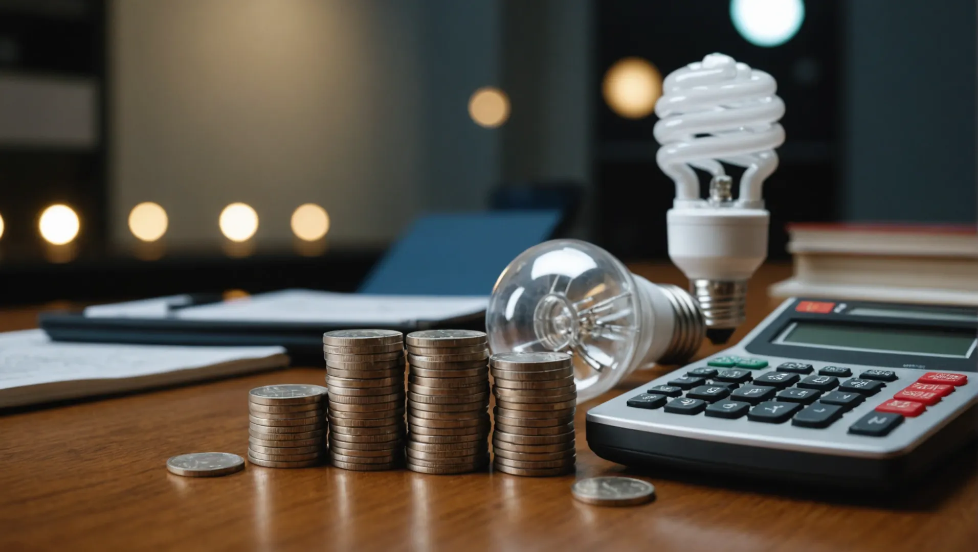 GU10 LED light bulb against a background of coins and a calculator