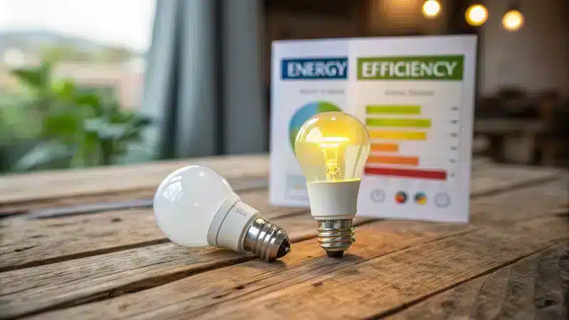 A side-by-side comparison of an LED bulb and a halogen bulb on a wooden surface.