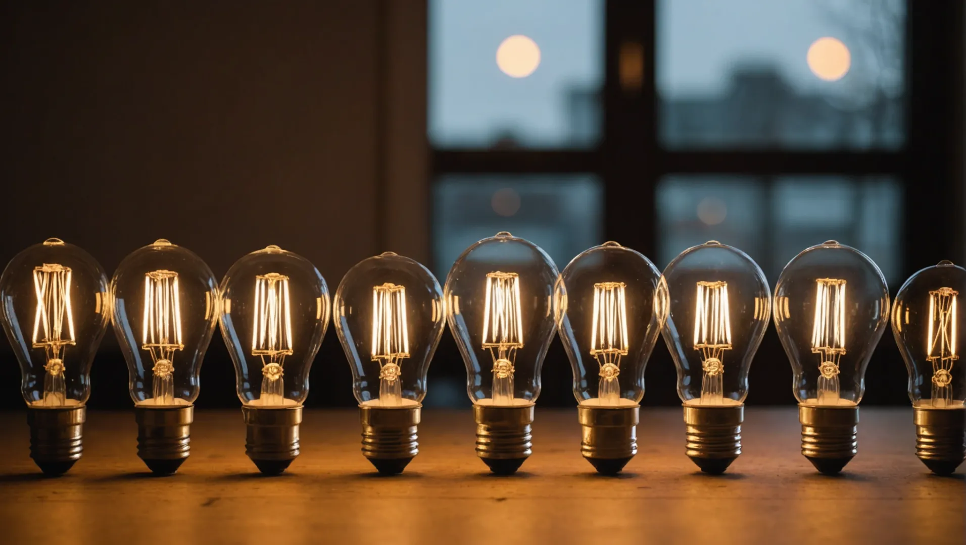 Different types of light bulbs with varying wattages on a table.