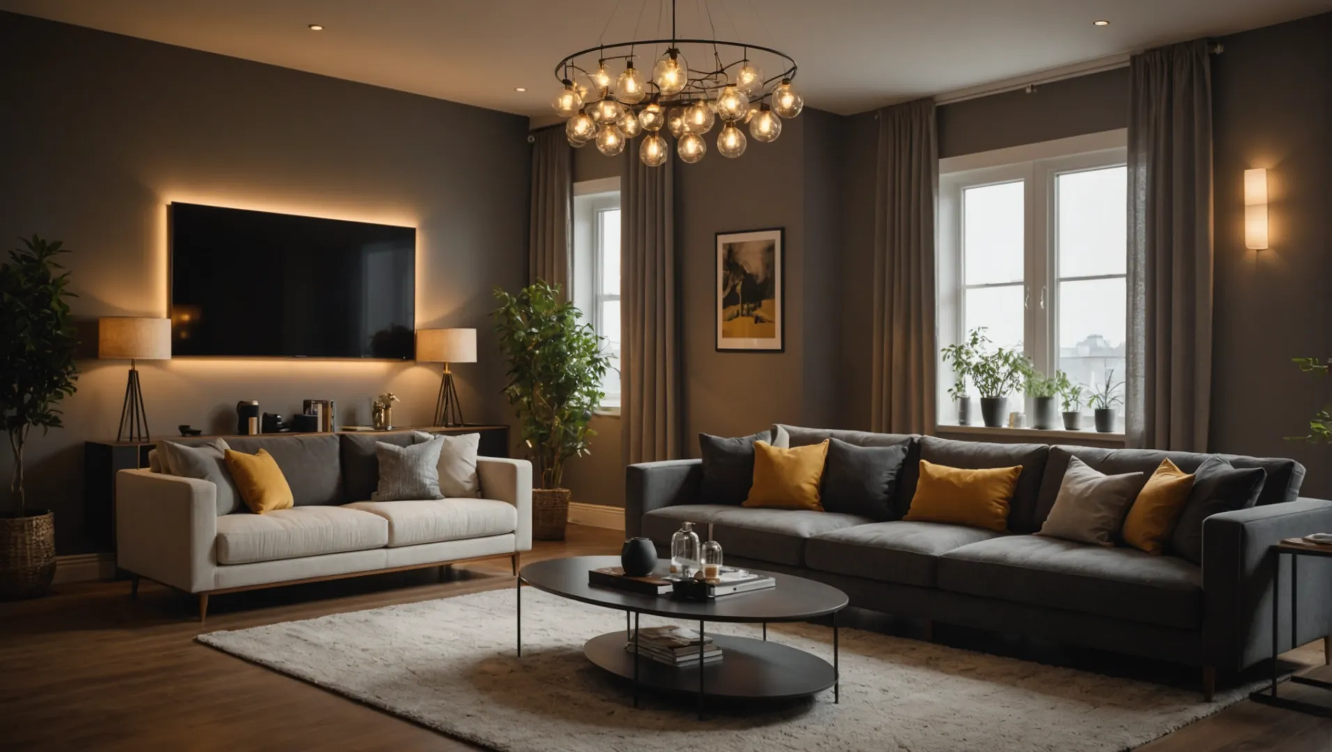 A cozy living room with warm ambient lighting and layered light sources.