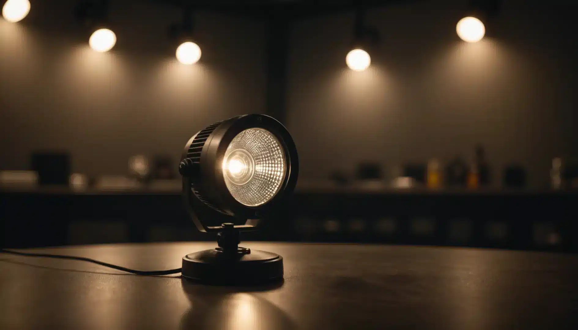 A modern LED spotlight in a dimly lit room