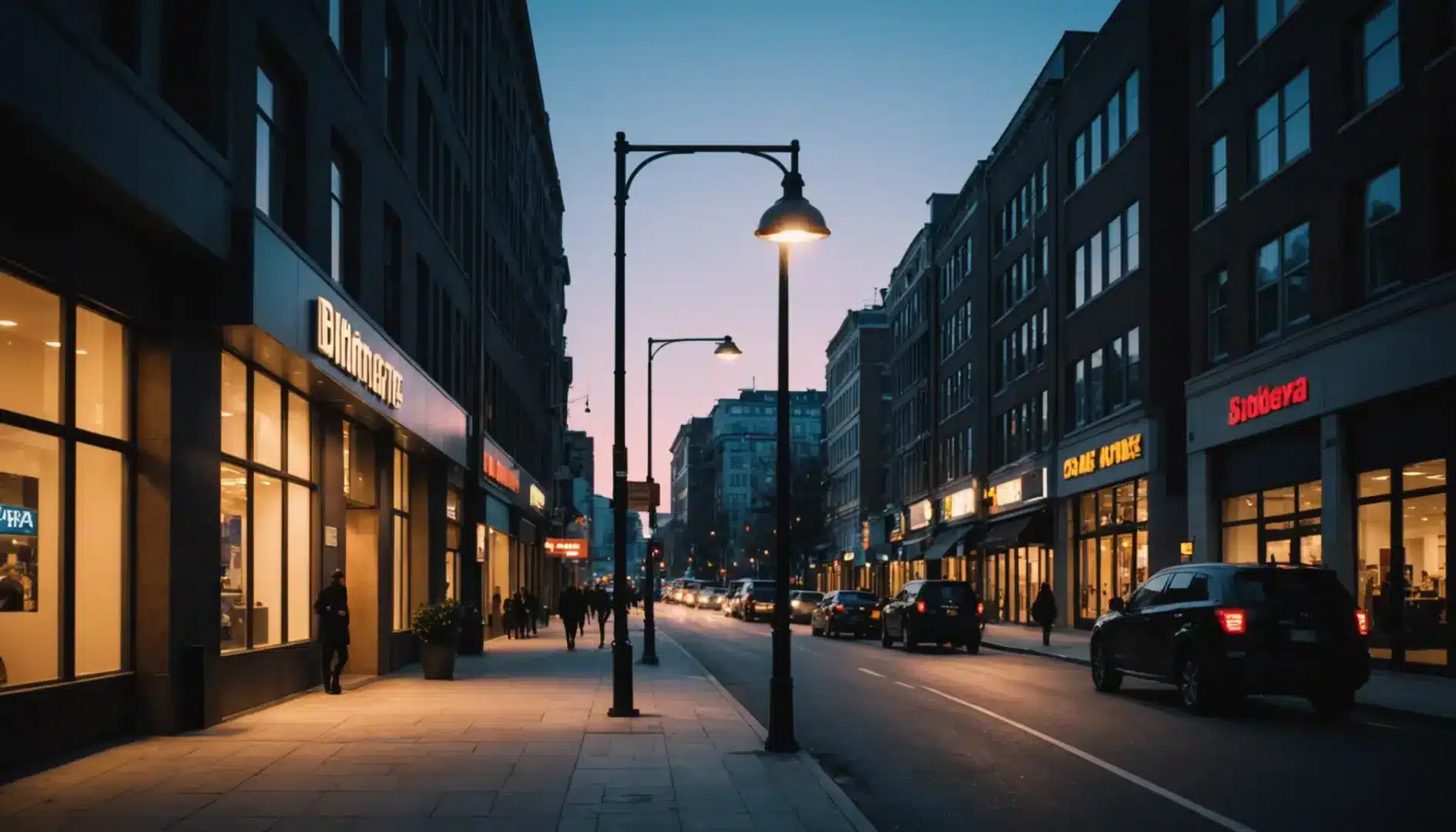 Modern LED street lamp illuminating a busy urban street at dusk