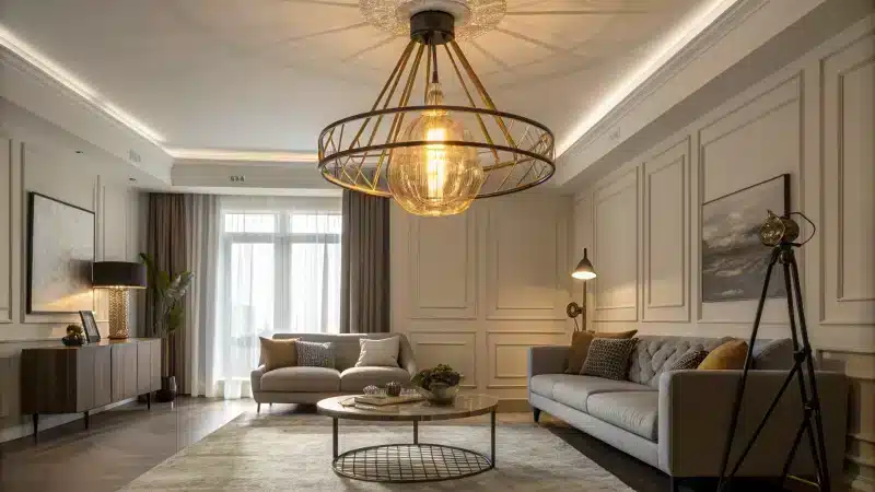 Modern living room with chic ceiling light fixture