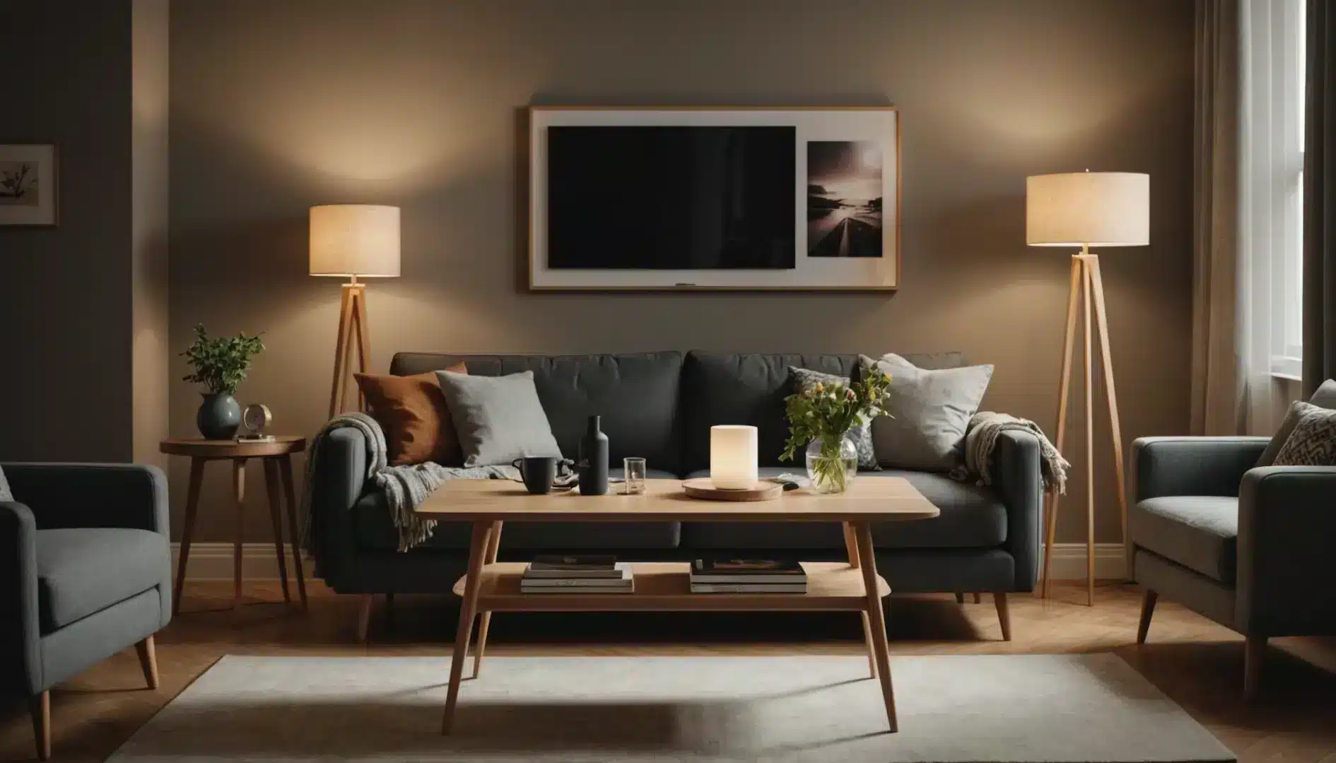 Modern living room with two LED lamps on a wooden table