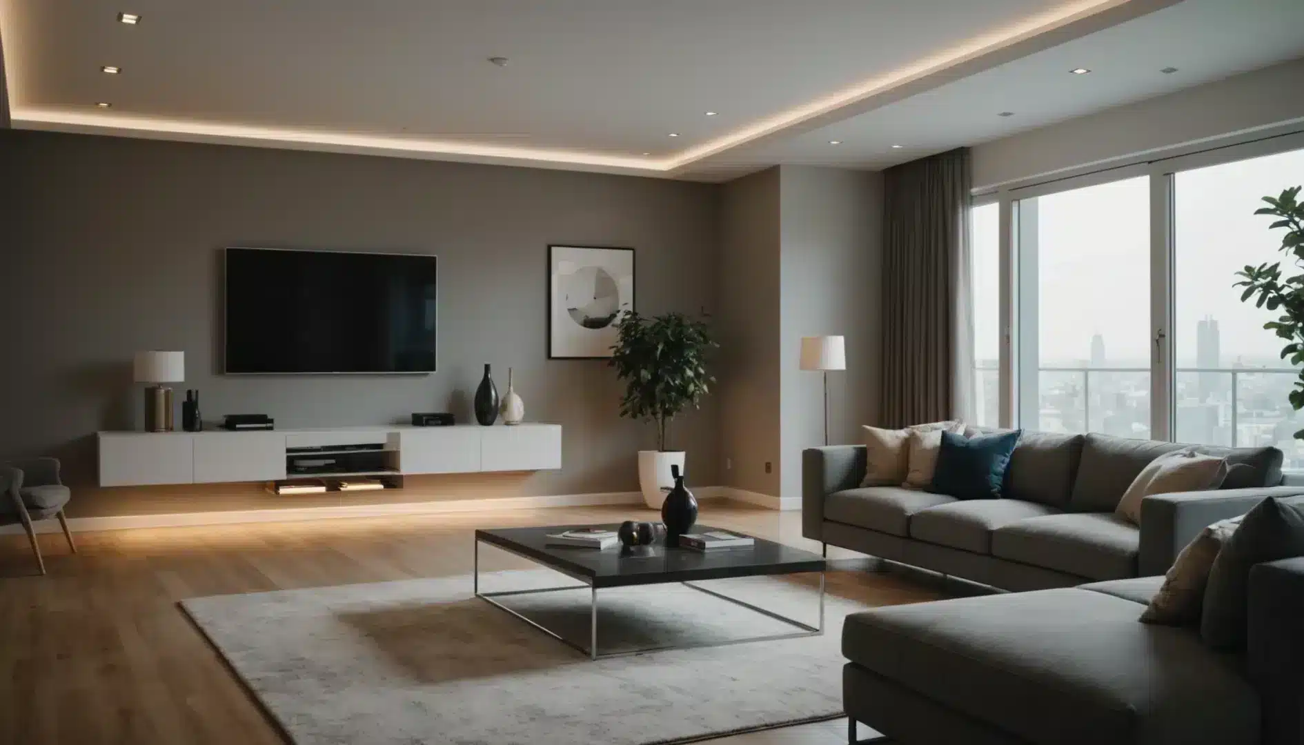 A modern living room with warm LED lighting