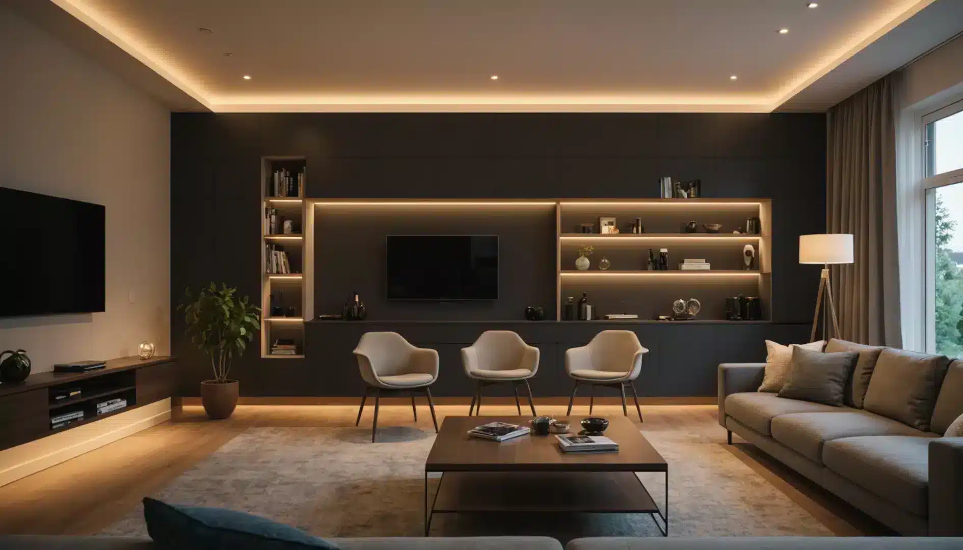 Modern living room with smart LED lighting system