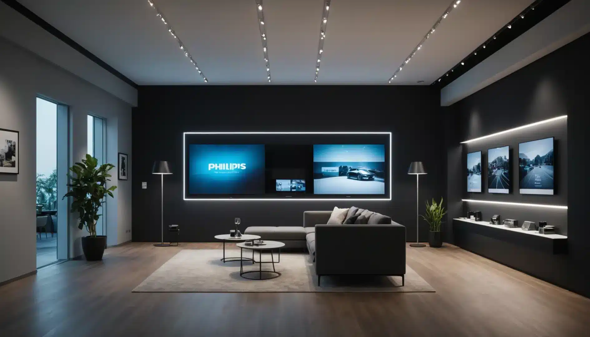 A modern showroom showcasing Philips and Osram LED spotlights