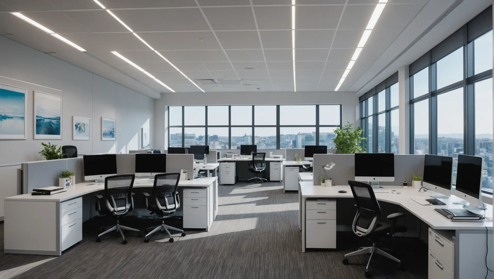 Modern office with LED panel lighting and linear fixtures