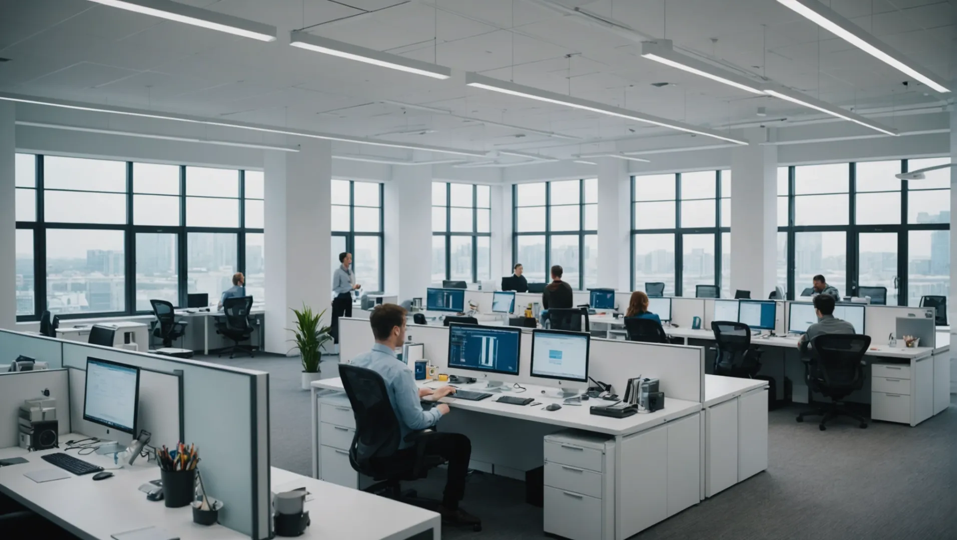 Modern office with cool white lighting and people working at desks