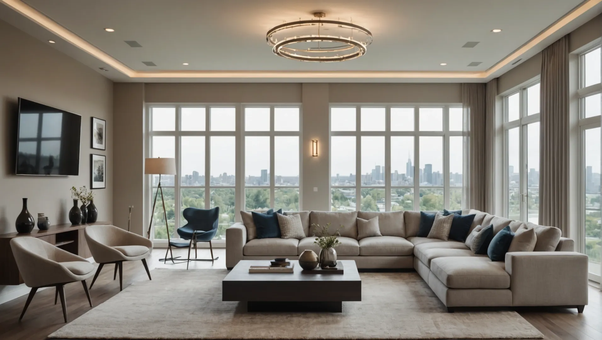 A modern living room with layered lighting setup showcasing different brightness levels