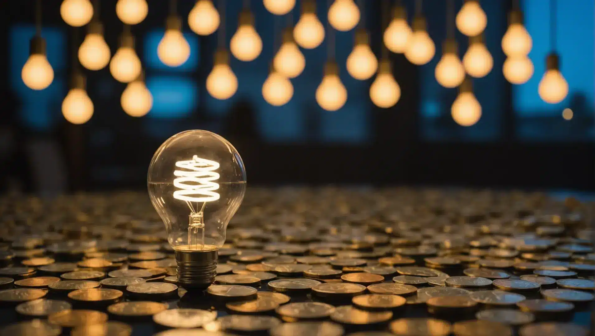 Philips LED bulb glowing against a backdrop of currency symbols