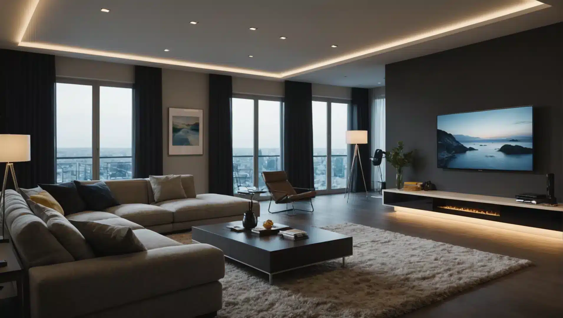 A modern living room with Philips smart LED lighting