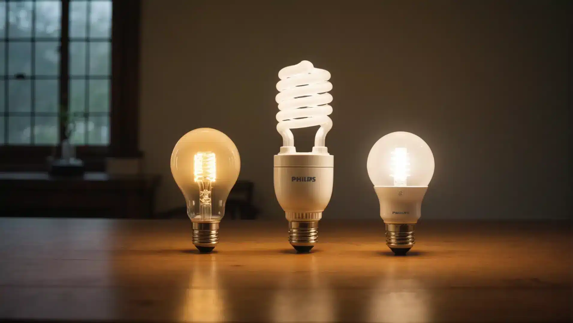 Comparison of Philips LED bulbs with traditional incandescent and CFL bulbs on a wooden table.