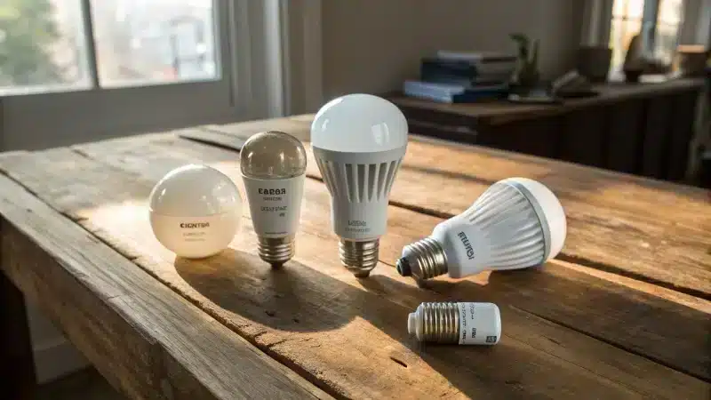 An array of LED replacement bulbs on a rustic wooden table