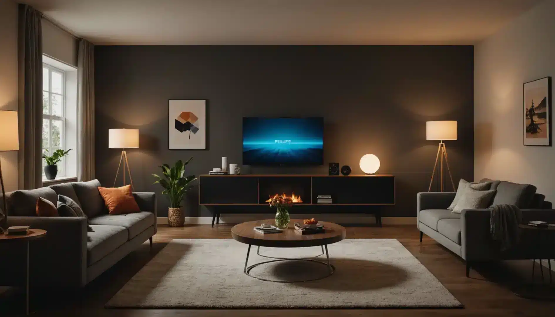 A modern living room with smart lighting and sleek furniture