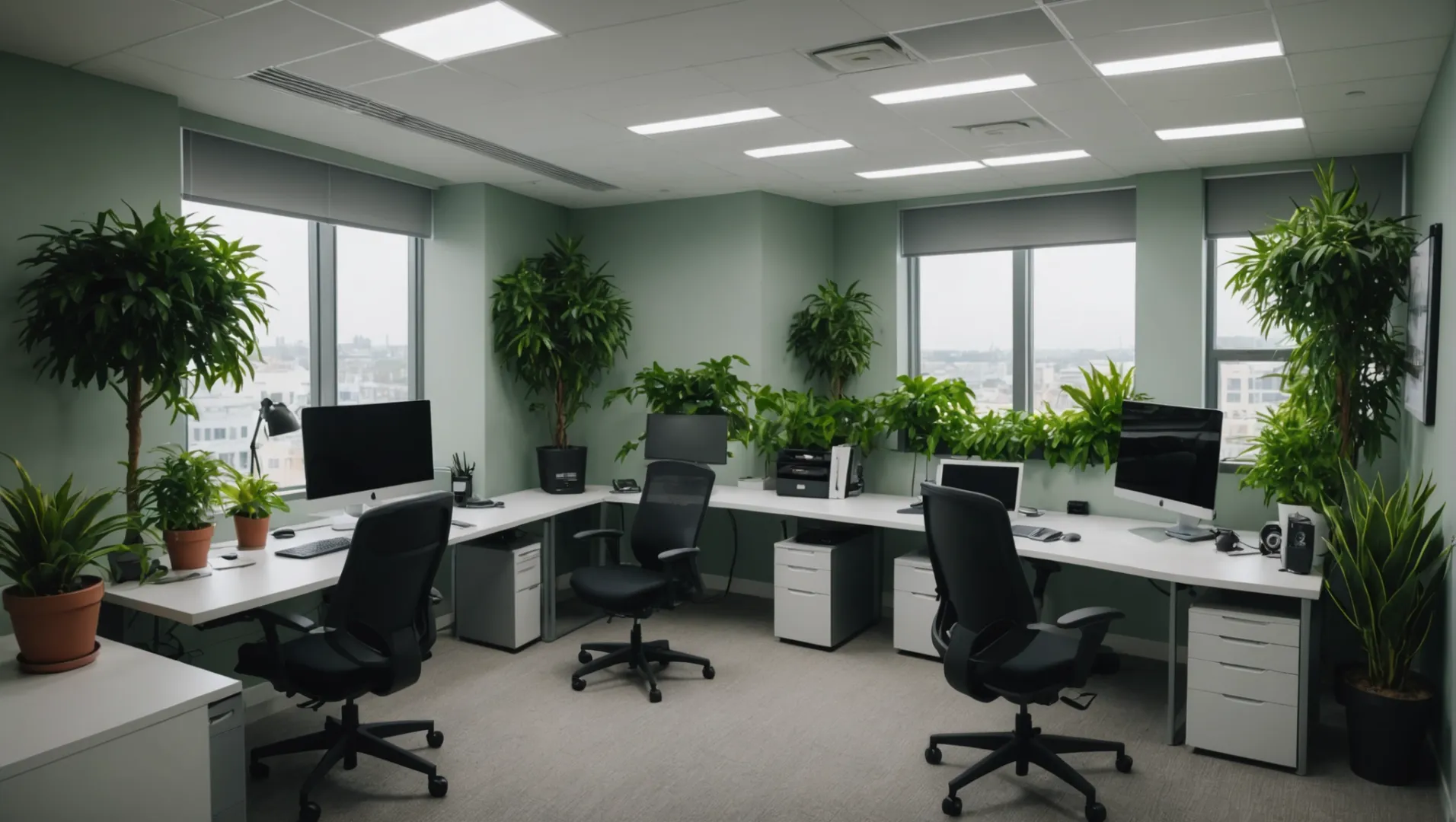 A modern office workspace with optimized lighting to reduce glare