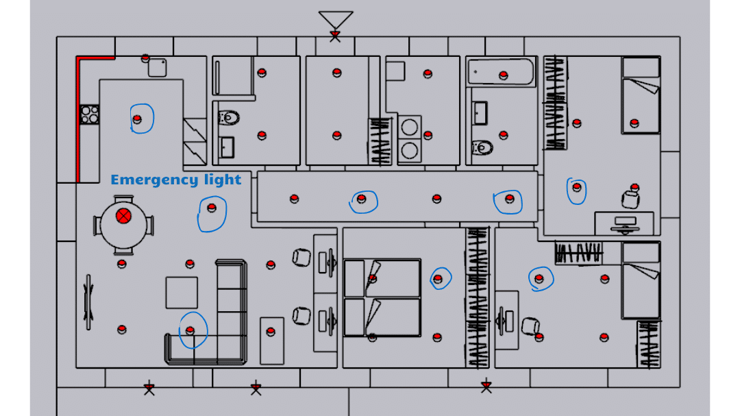 Diagram showing the correct placement of emergency lights in a home