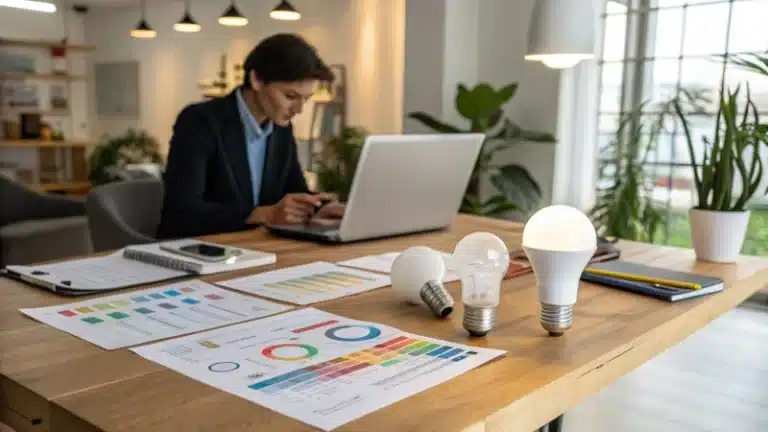 Professional analyzing LED bulb suppliers in a modern office