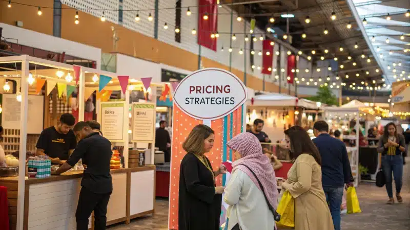 A busy marketplace with various stalls showing pricing strategies and shoppers engaging.