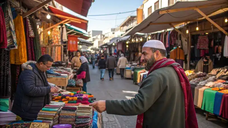 A busy outdoor marketplace with colorful stalls and people negotiating.