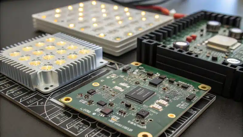 Close-up of custom LED circuit boards showcasing intricate designs and components