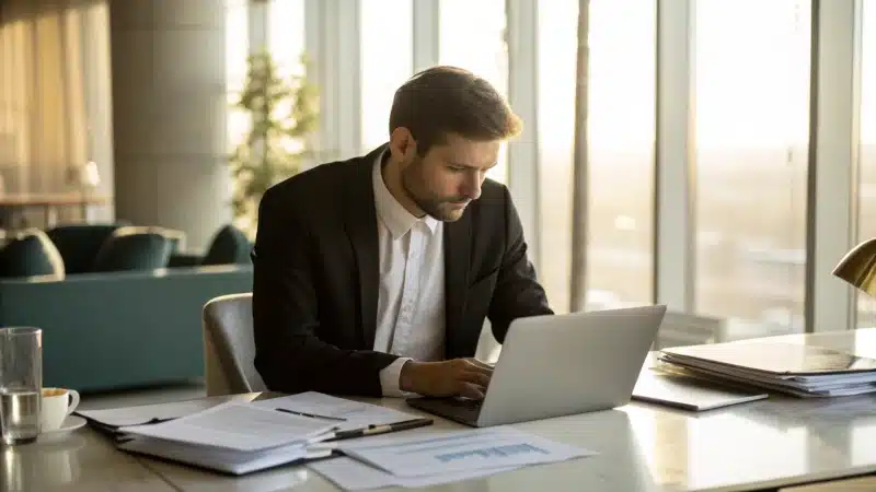 A business professional studying in a modern office