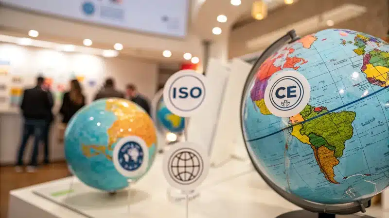 A globe surrounded by certification symbols