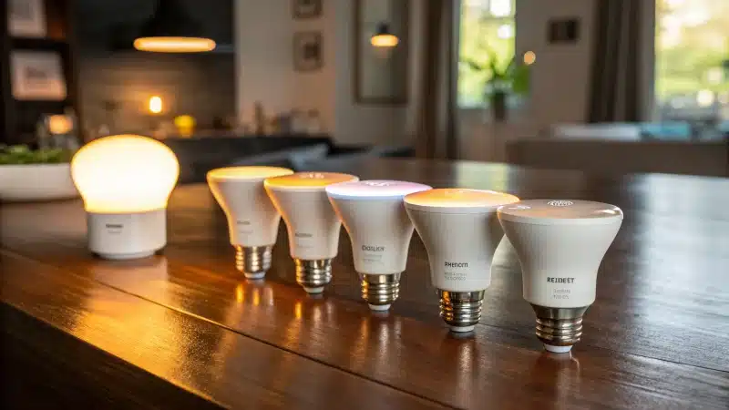 Assortment of GU10 bulbs on a wooden surface