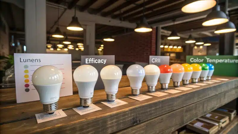 A display of LED light bulbs on a wooden table