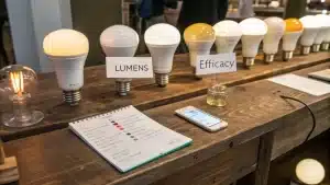 A display of various LED light bulbs on a wooden table