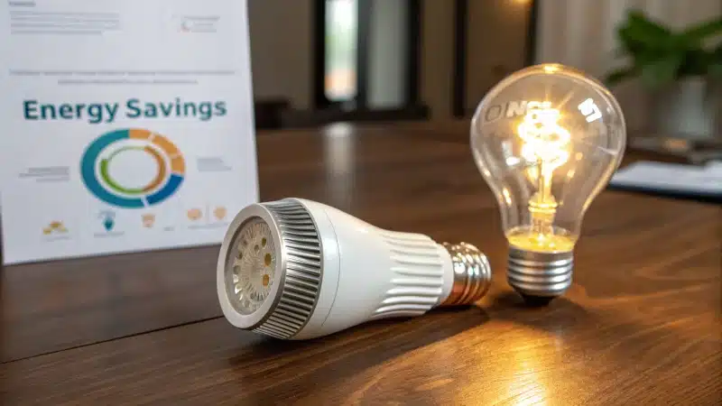 A modern LED spotlight and a traditional incandescent bulb on a wooden table with an infographic in the background.