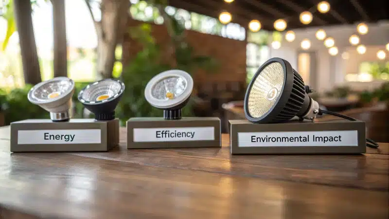 A display of various LED spotlights on a wooden table under natural light.