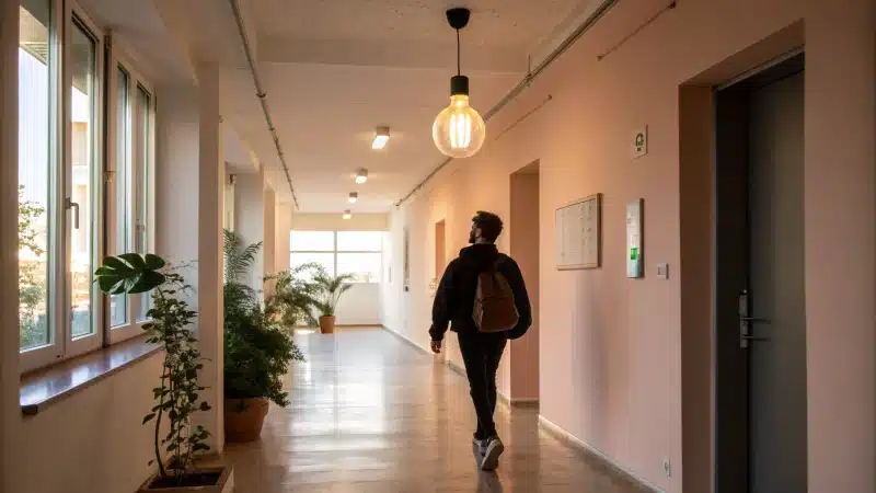 A modern hallway with a motion sensor LED bulb illuminating the space