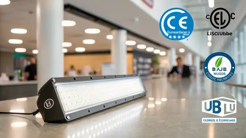 A modern LED lighting fixture with certification badges