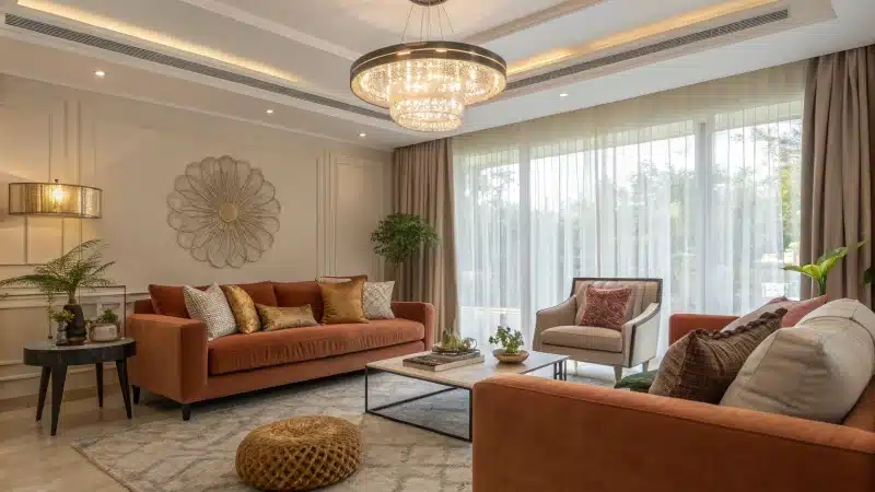 Modern living room with a glowing GU10 bulb